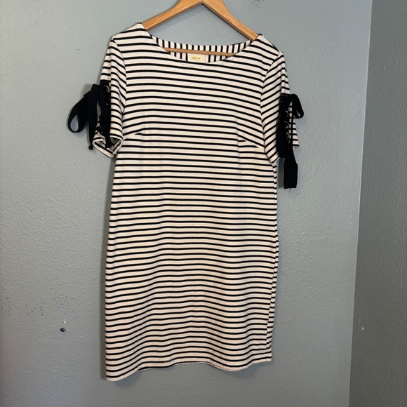 Anthropologie Maeve Ribbons and Stripes Mini Shirt Dress Black White Size Medium - Picture 3 of 13